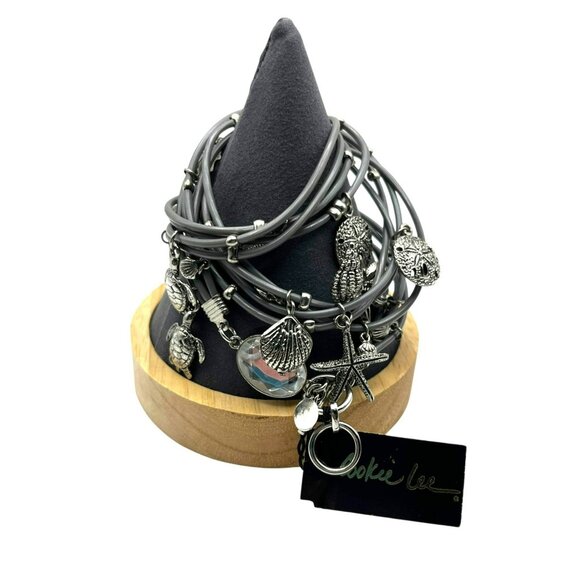 Cookie Lee Bracelet Wrap Charm Beach Seashell Turtle‎ Gray Cord Silver Tone - Picture 1 of 6